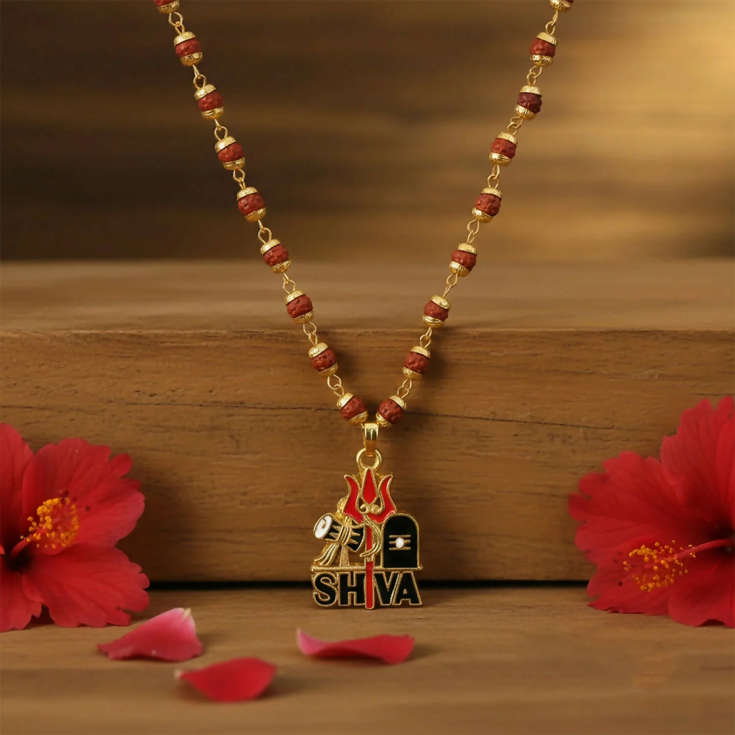 Shiva Trishul Gold Plated Pendant Chain & Rudraksha Mala - Image 2