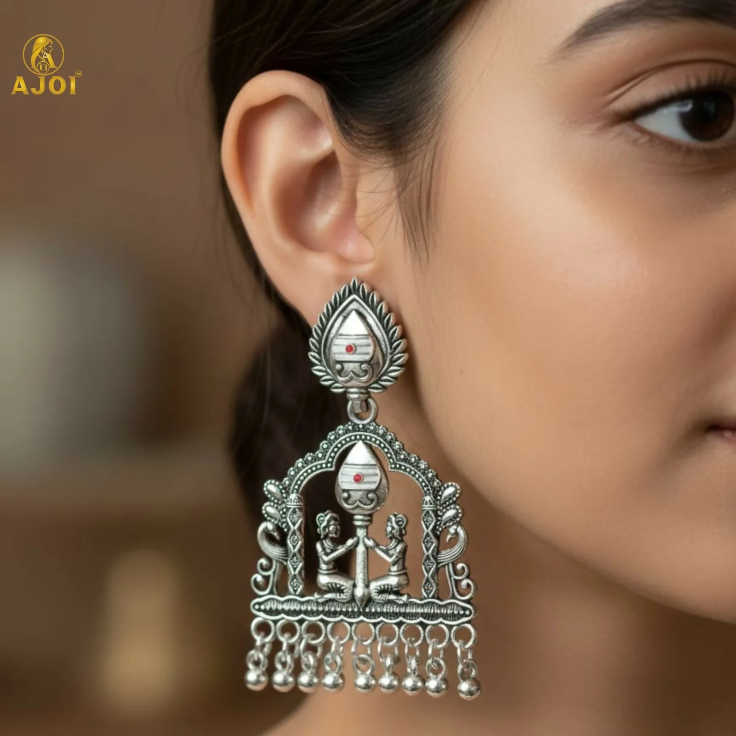 Shivarpan White Pearl Oxidized Silver Temple Earrings - Image 2