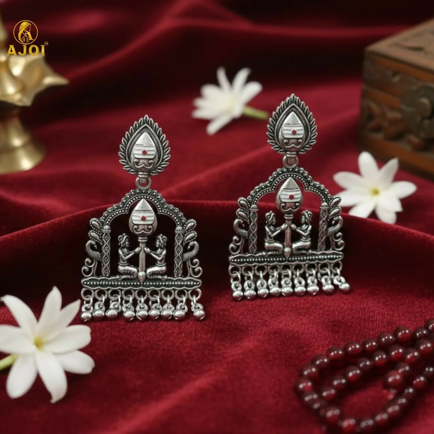 Shivarpan White Pearl Oxidized Silver Temple Earrings - Image 3