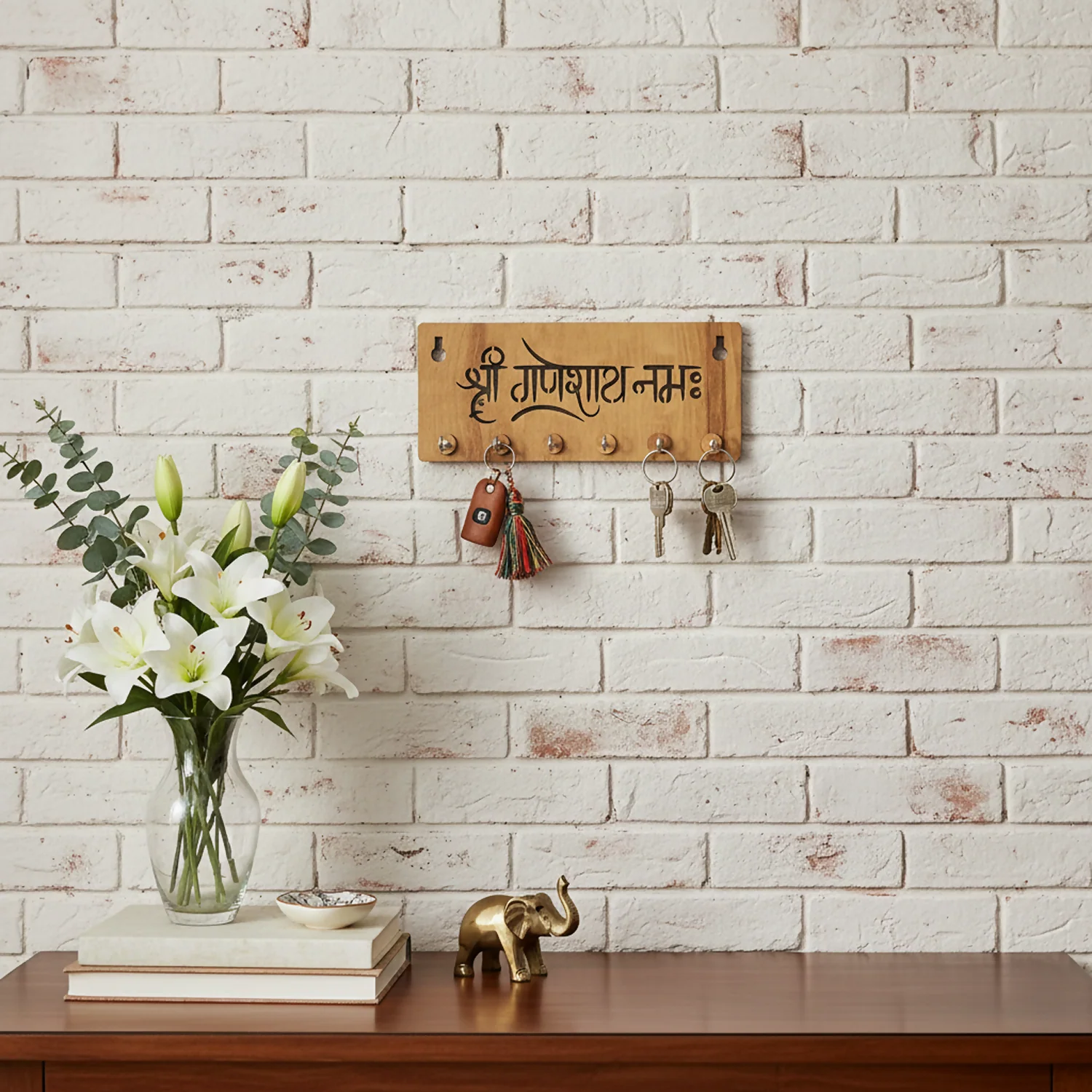 Shri Ganeshay Namah Wooden Key Holder for Wall – Premium MDF Ganpati Wall Key Organizer | Spiritual Home Décor - Image 2
