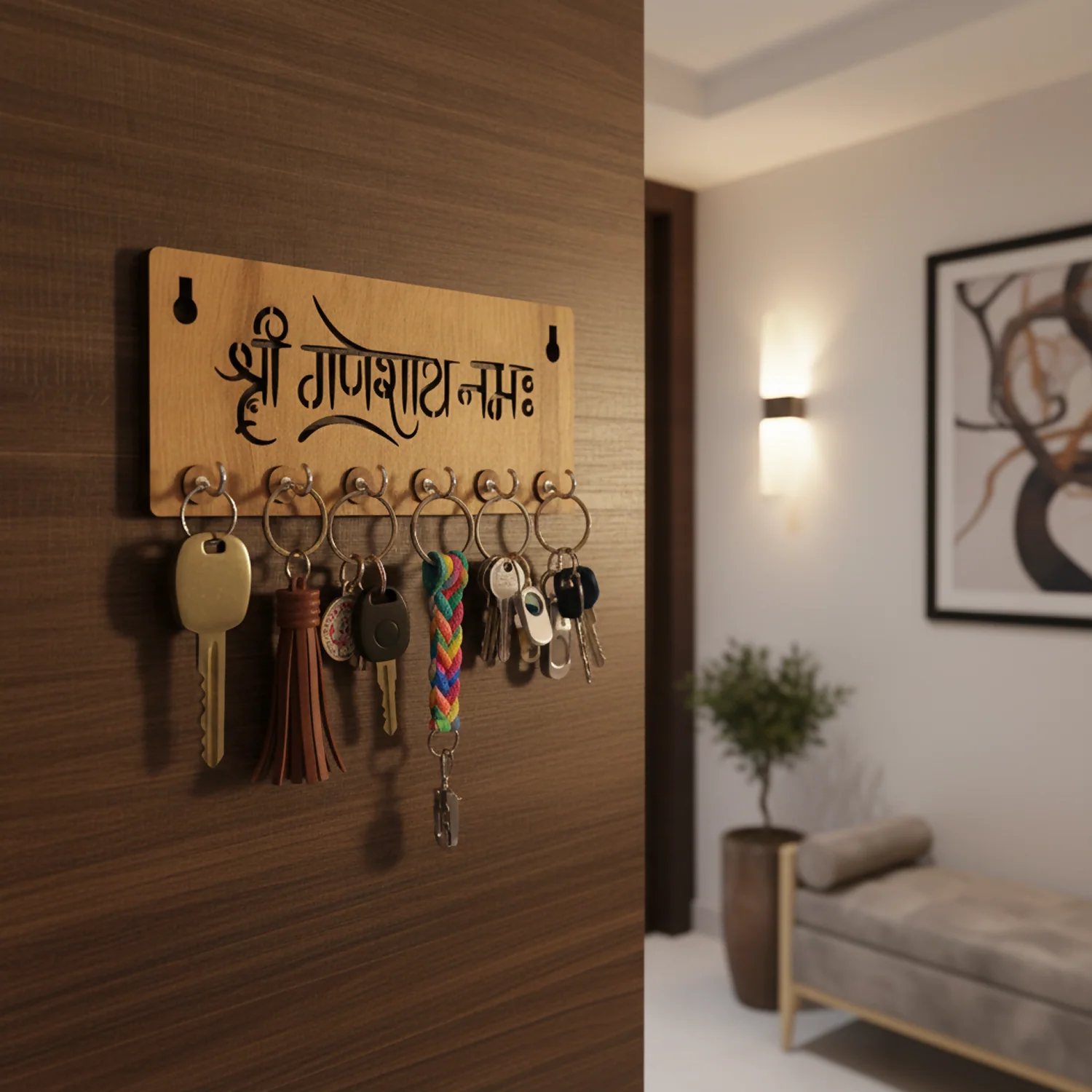 Shri Ganeshay Namah Wooden Key Holder for Wall – Premium MDF Ganpati Wall Key Organizer | Spiritual Home Décor - Image 4