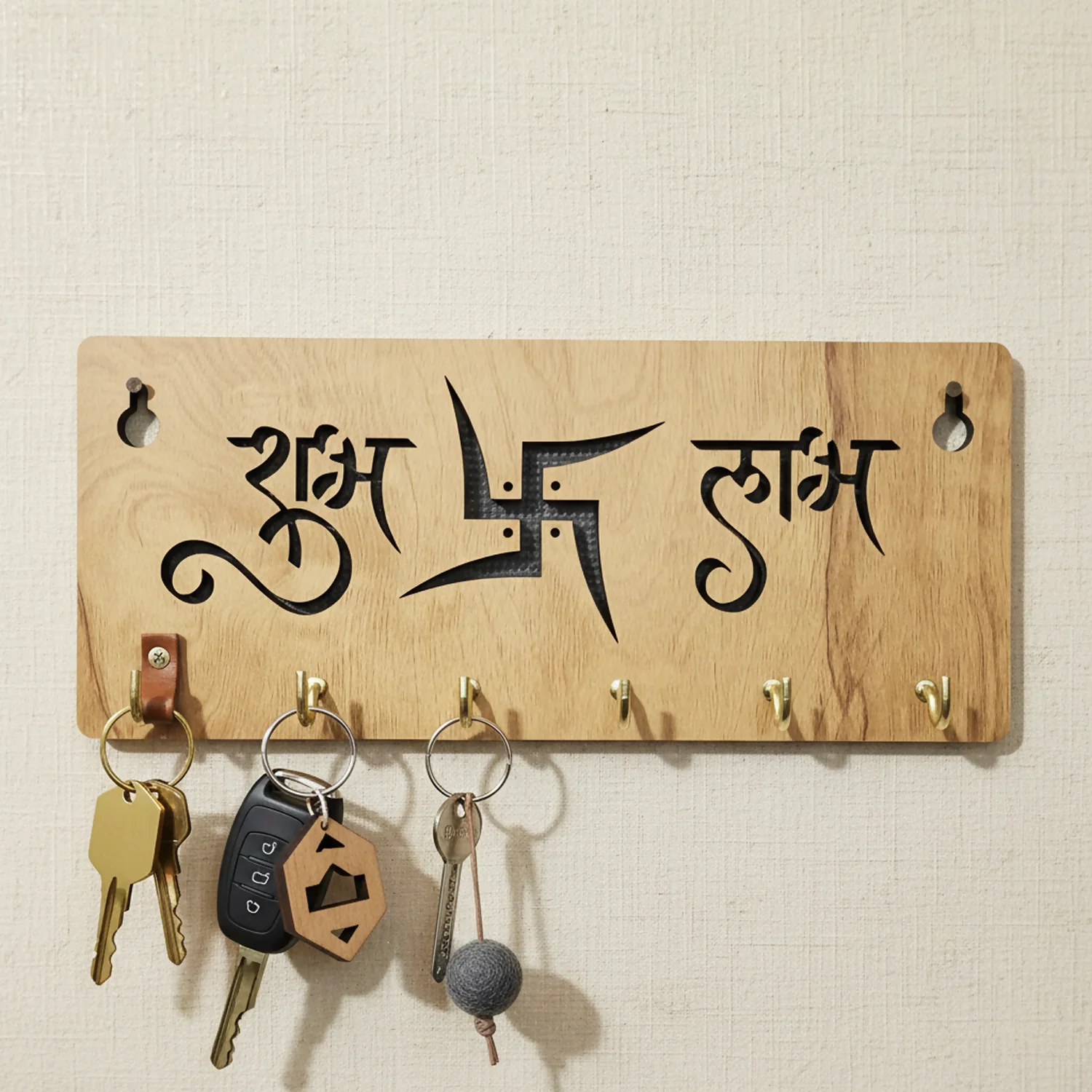 Shubh Labh Wooden Key Holder for Wall| Vastu Swastik Design Key Stand | Decorative Key Hanger for Home Entrance & Office - Image 4