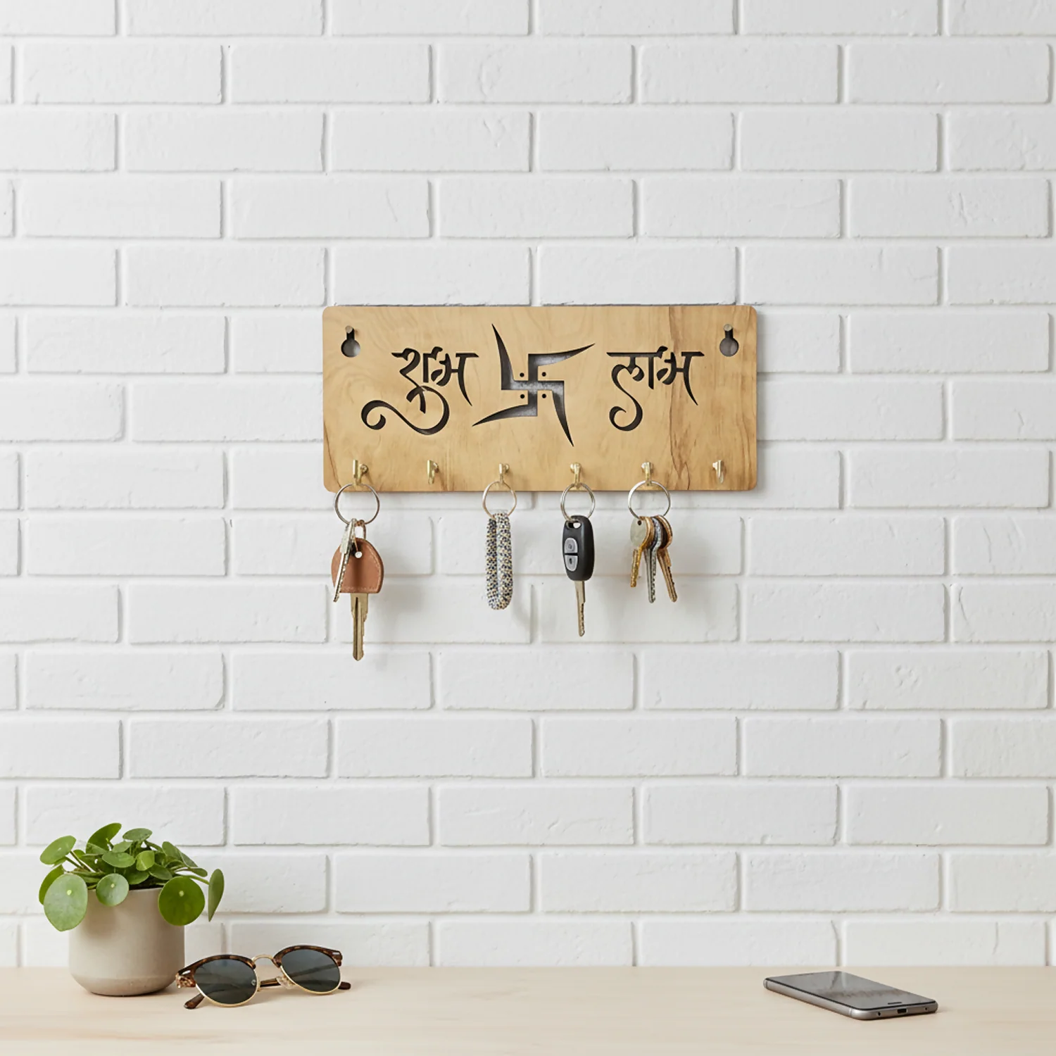 Shubh Labh Wooden Key Holder for Wall| Vastu Swastik Design Key Stand | Decorative Key Hanger for Home Entrance & Office - Image 5