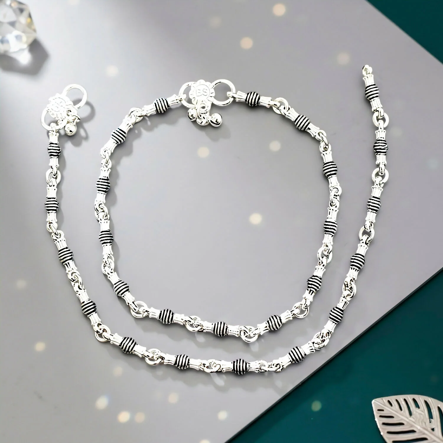Silver Anklets - Black Beads & Heart Charm,anklet - Image 3