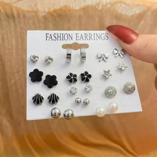 Silver & Black Stud Earrings Set for Women | Minimal & Floral Designs (12 Pair) - Image 2