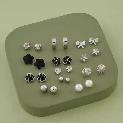Silver & Black Stud Earrings Set for Women | Minimal & Floral Designs (12 Pair) - Image 3