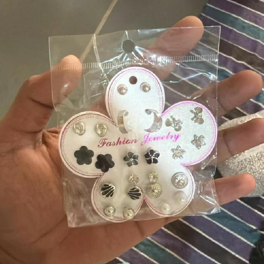 Silver & Black Stud Earrings Set for Women | Minimal & Floral Designs (12 Pair) - Image 4