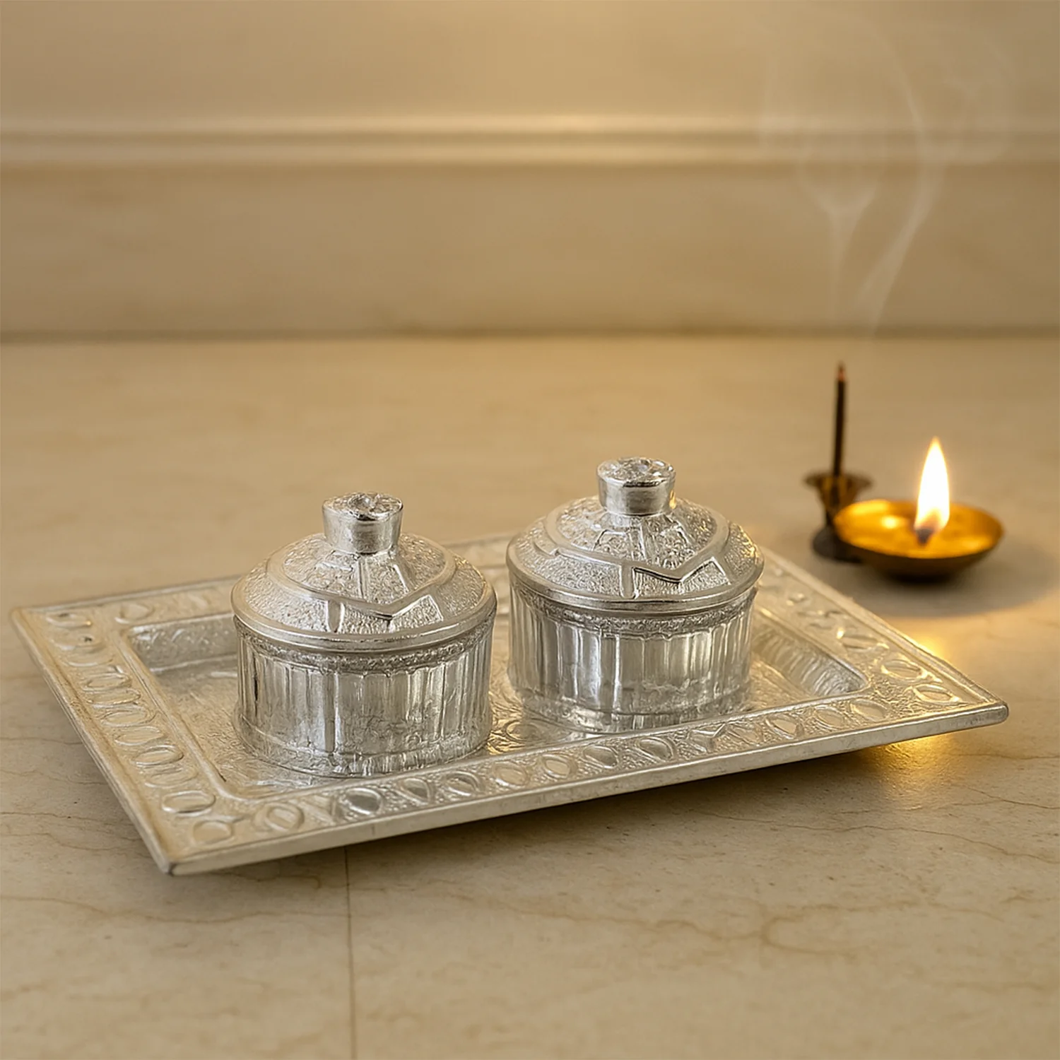 Silver-Finish Pooja Kumkum Box Tray - (1 Pc) - Image 3