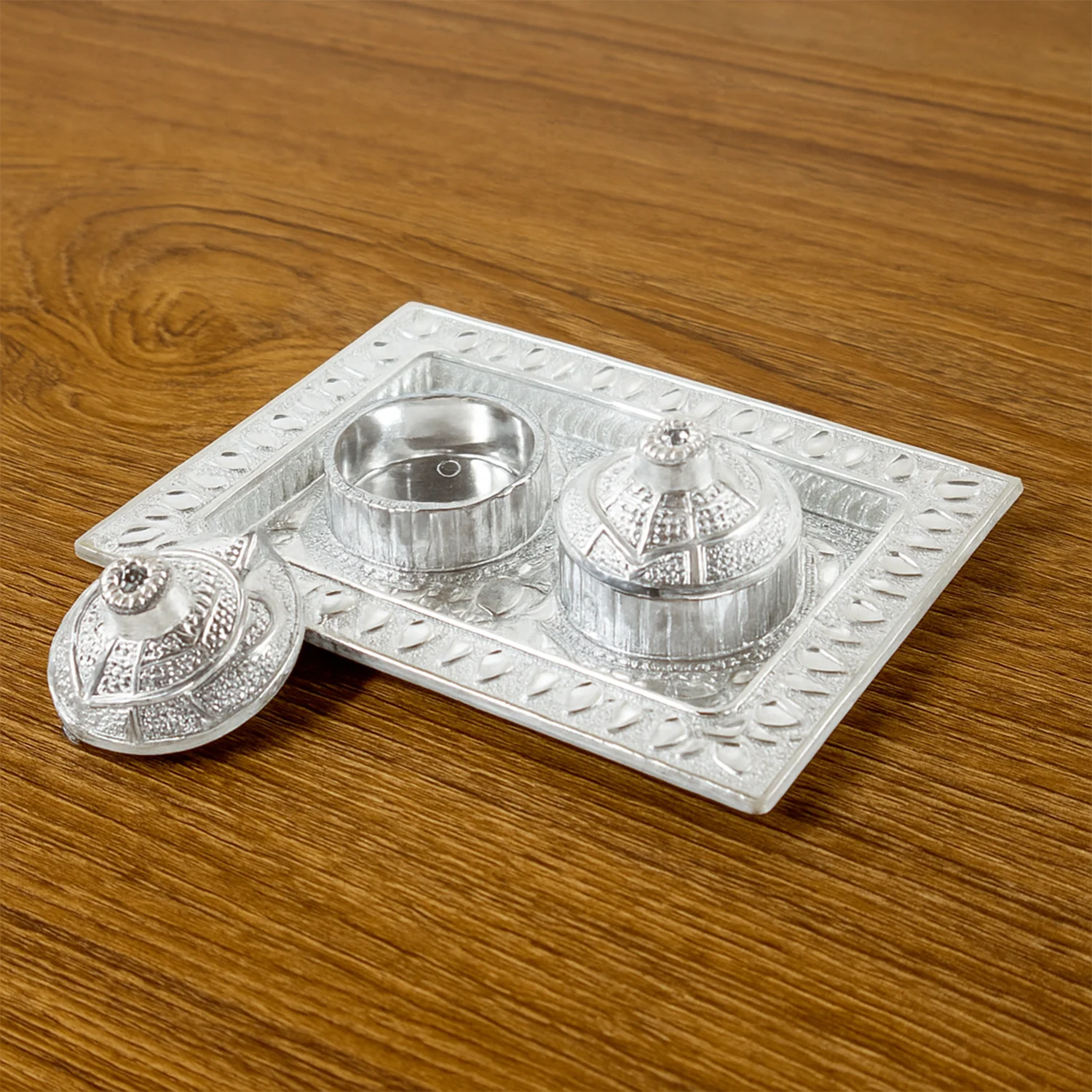 Silver-Finish Pooja Kumkum Box Tray - (1 Pc) - Image 6