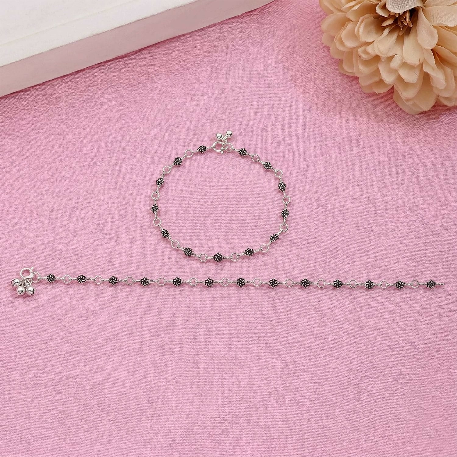 Silver Floral Link Anklet Pair with Classic Charm - Image 2