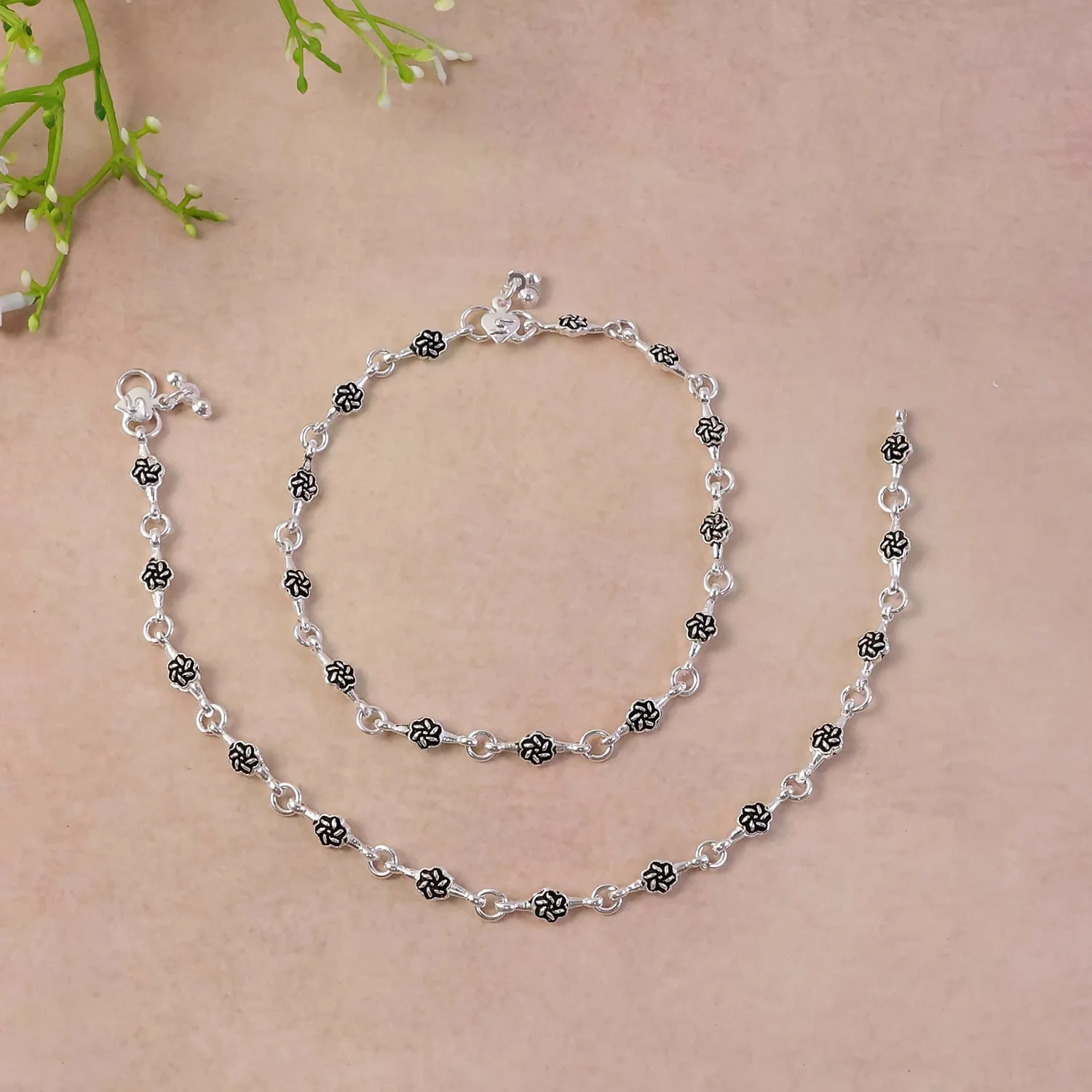 Silver Floral Link Anklet Pair with Classic Charm - Image 3