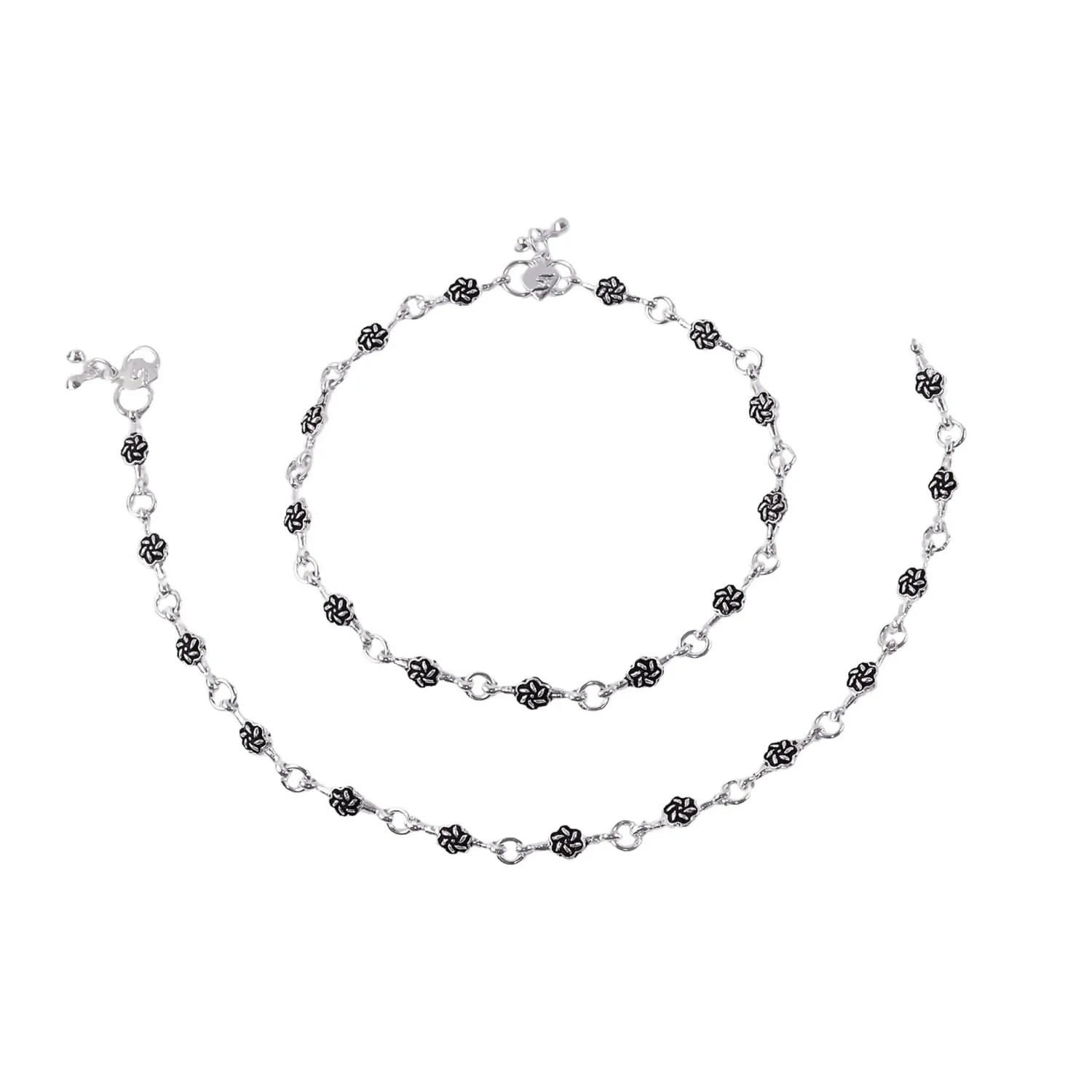 Silver Floral Link Anklet Pair with Classic Charm - Image 4