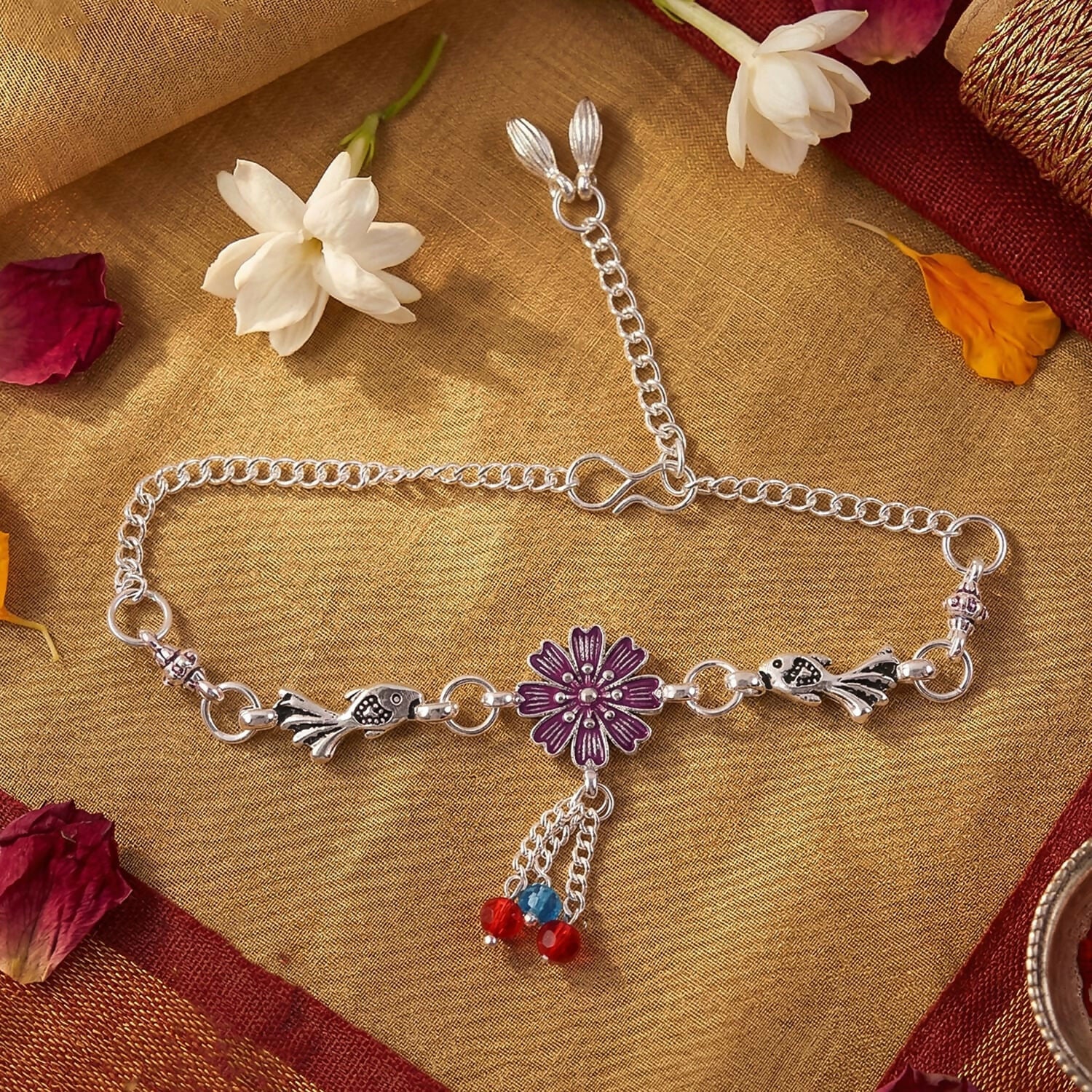 Silver Flower Charm Bracelet with Beads & Adjustable Chain for Women - Image 2