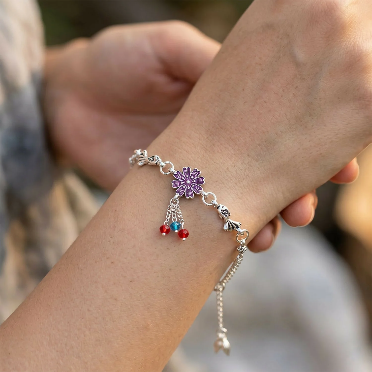 Silver Flower Charm Bracelet with Beads & Adjustable Chain for Women - Image 3