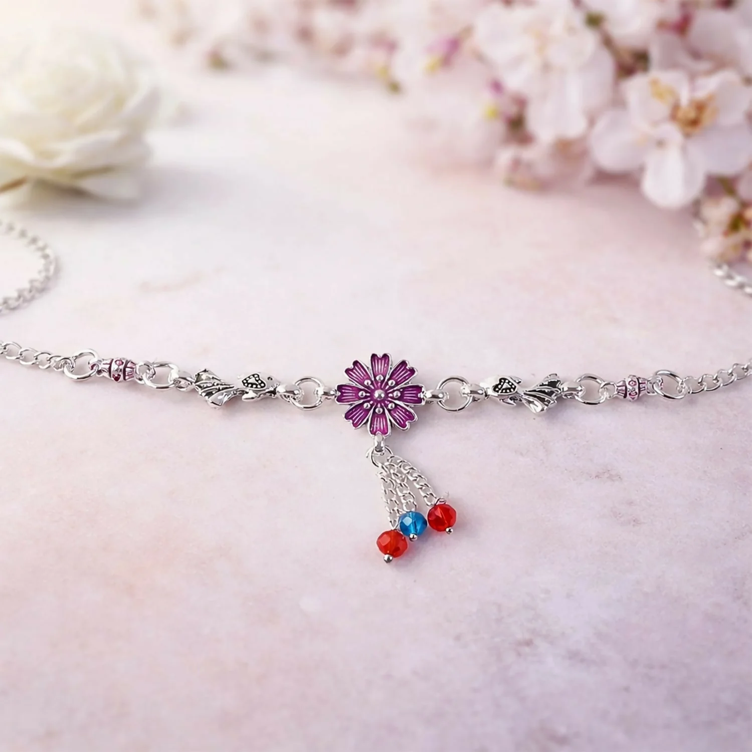 Silver Flower Charm Bracelet with Beads & Adjustable Chain for Women - Image 4