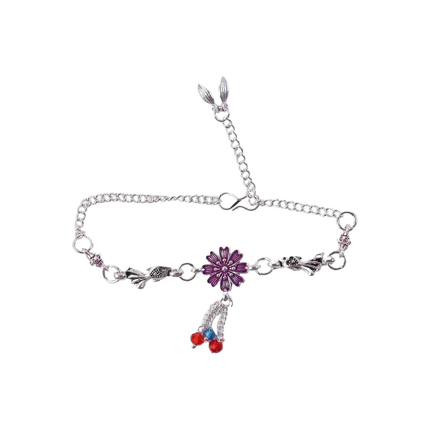 Silver Flower Charm Bracelet with Beads & Adjustable Chain for Women - Image 5