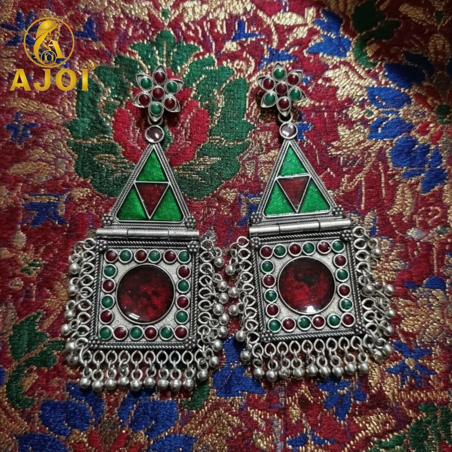 Silver Geometric Tribal Earrings - Image 3