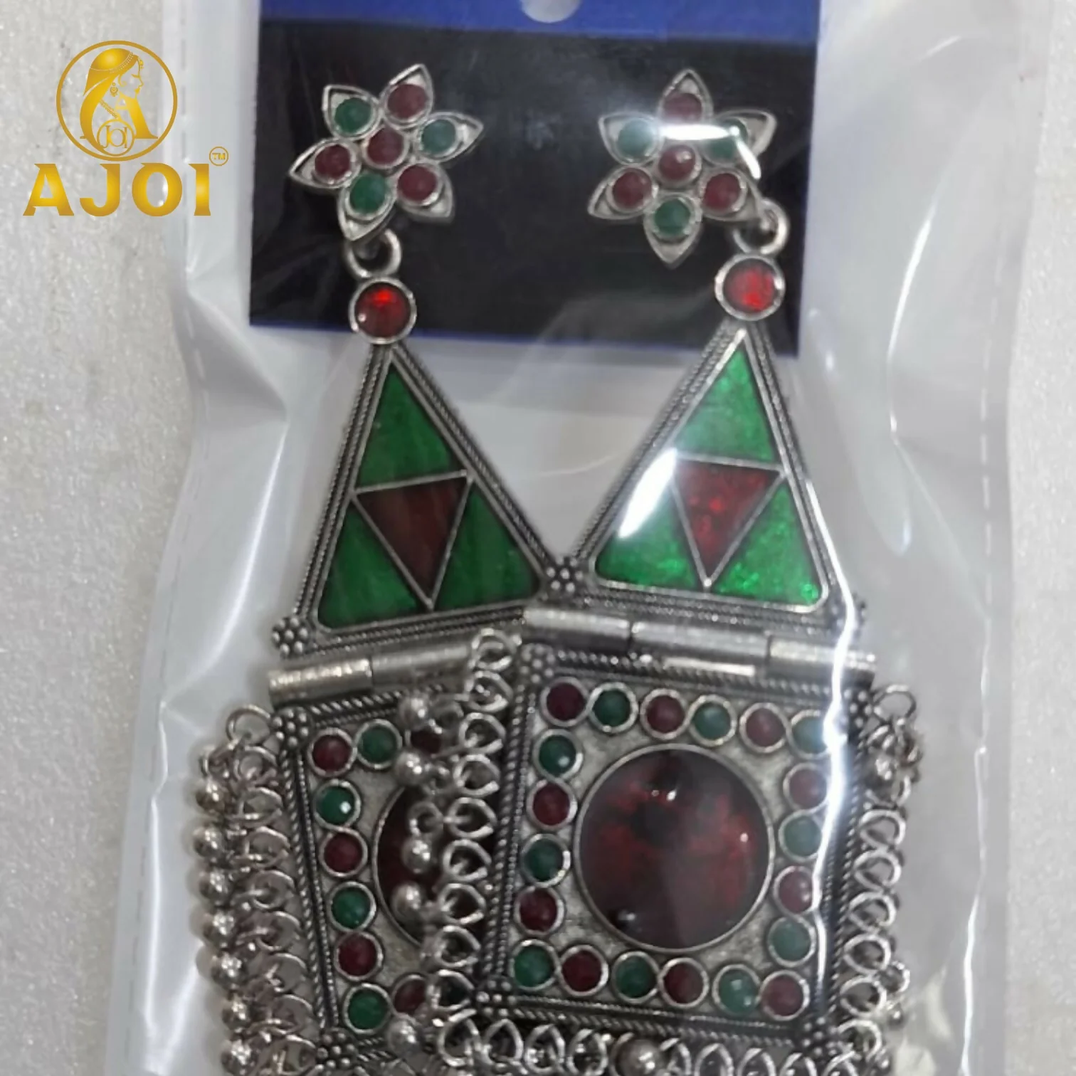 Silver Geometric Tribal Earrings - Image 5