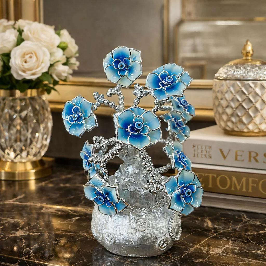 Silver Lucky Flower Tree Showpiece with Evil Eye Home Decor Statue - Image 2