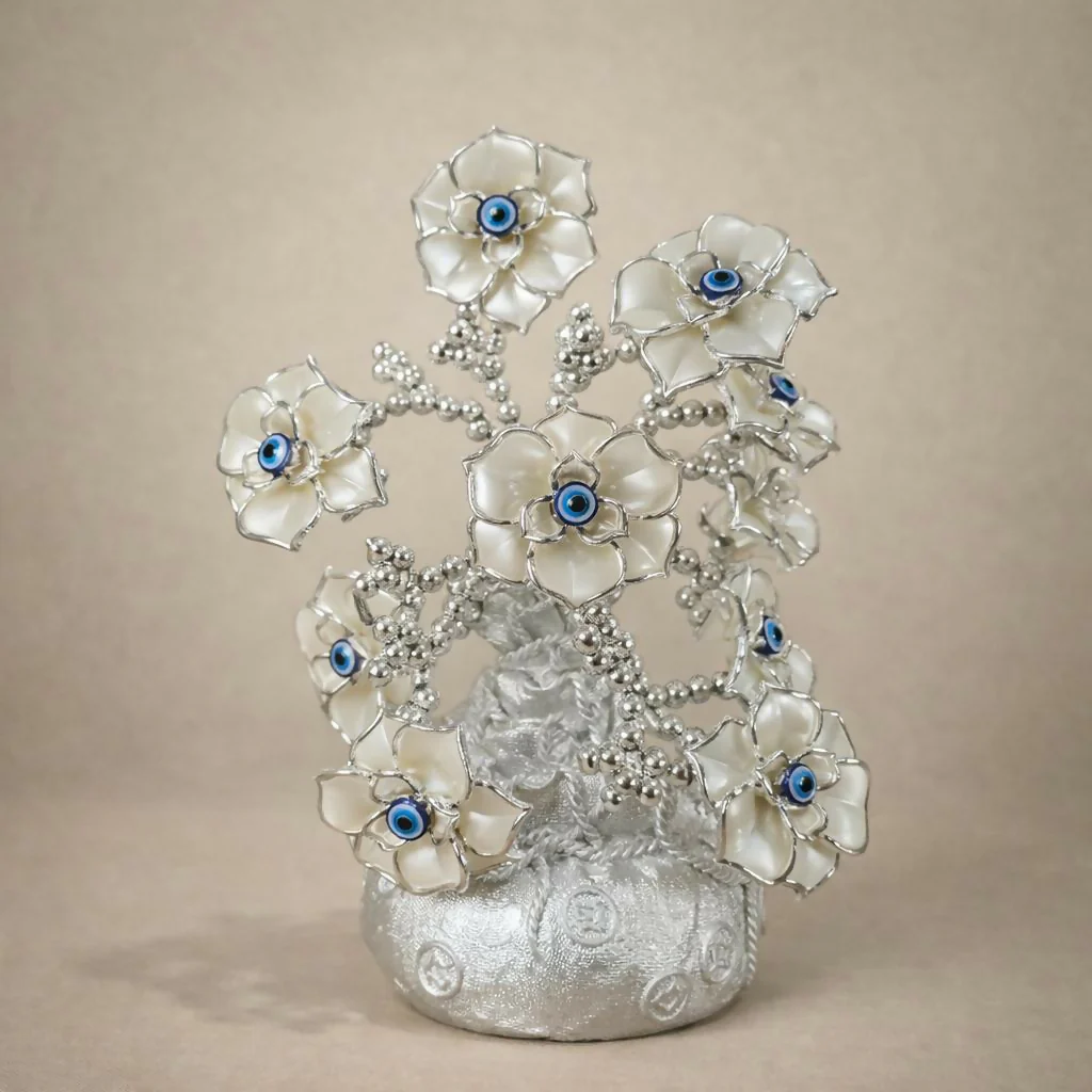 Silver Lucky Flower Tree Showpiece with Evil Eye Home Decor Statue - Image 3