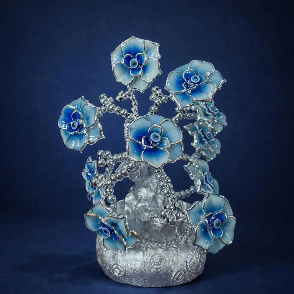 Silver Lucky Flower Tree Showpiece with Evil Eye Home Decor Statue - Image 4
