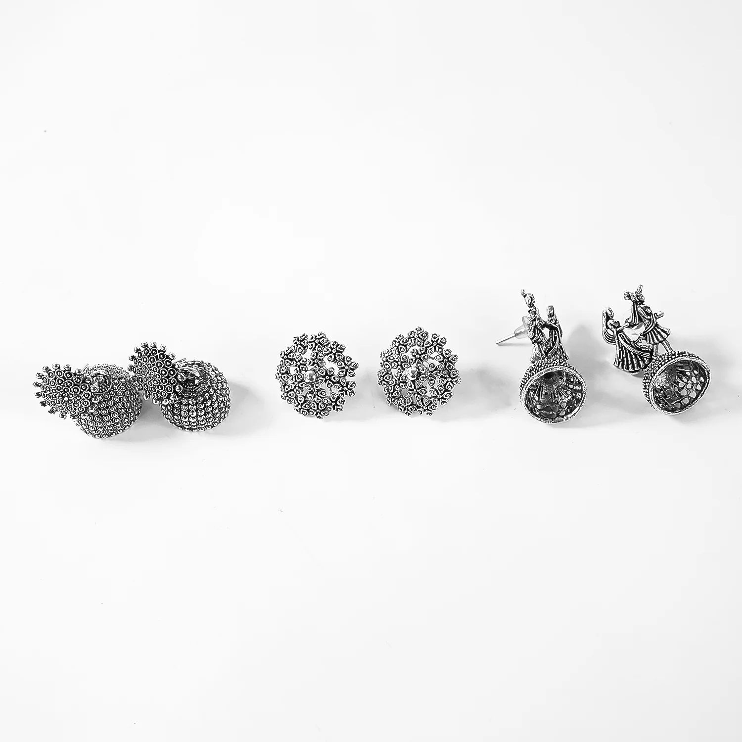 Silver Oxidized Earrings With Different Pattern (3Pc) - Image 3