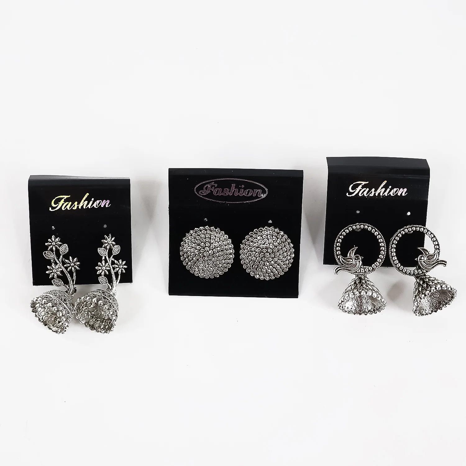 Silver Oxidised Earrings With Different Pattern (3Pc) - Image 3
