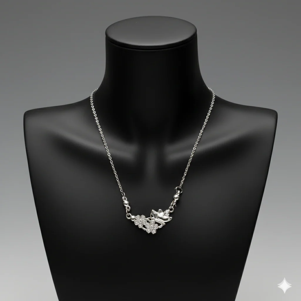 Silver Plated Butterfly & Crystal Floral Pendant Necklace For women and girls - Image 3