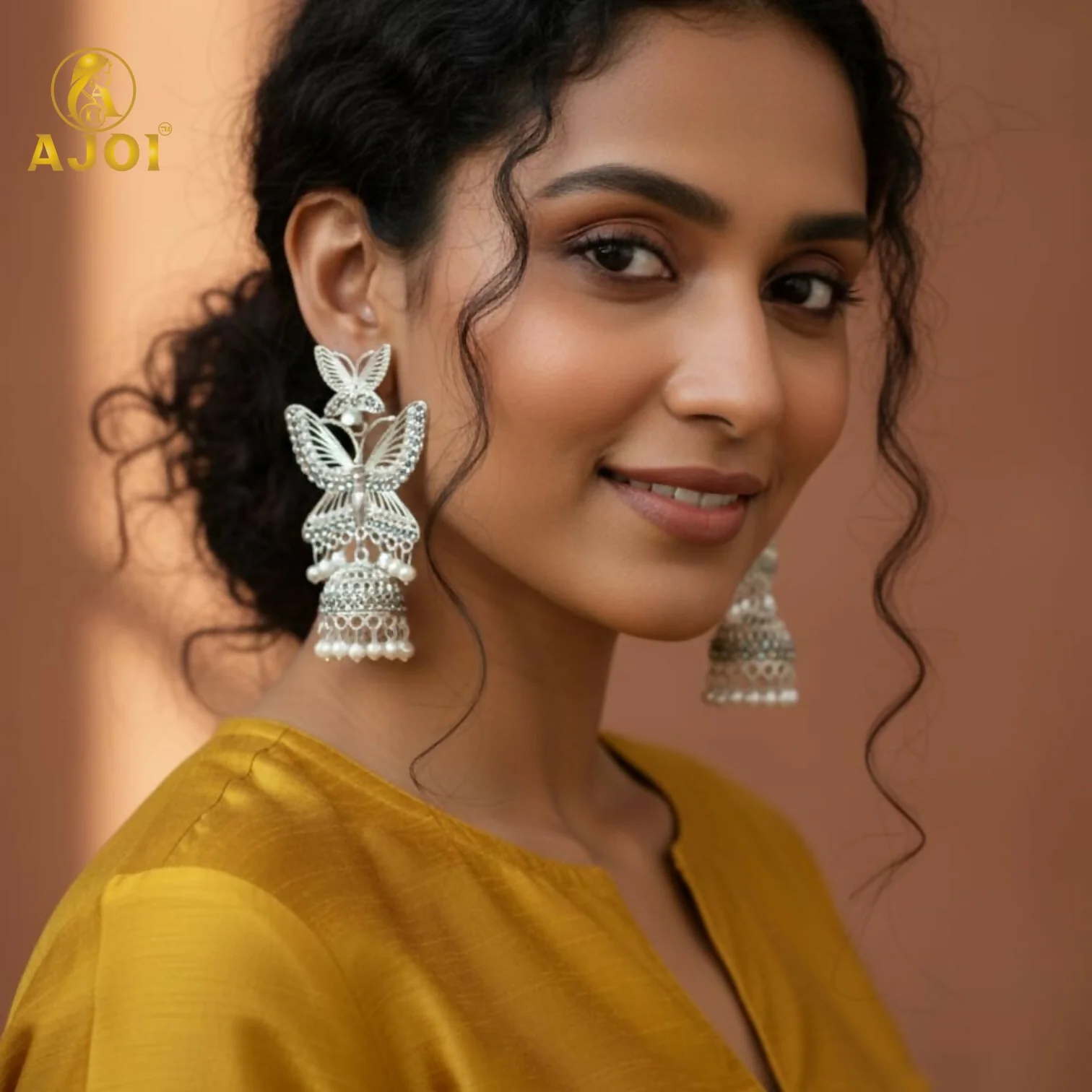 Silver Plated Butterfly Designer Jhumka Earrings with Pearl Drops for Women & Girls - Image 2
