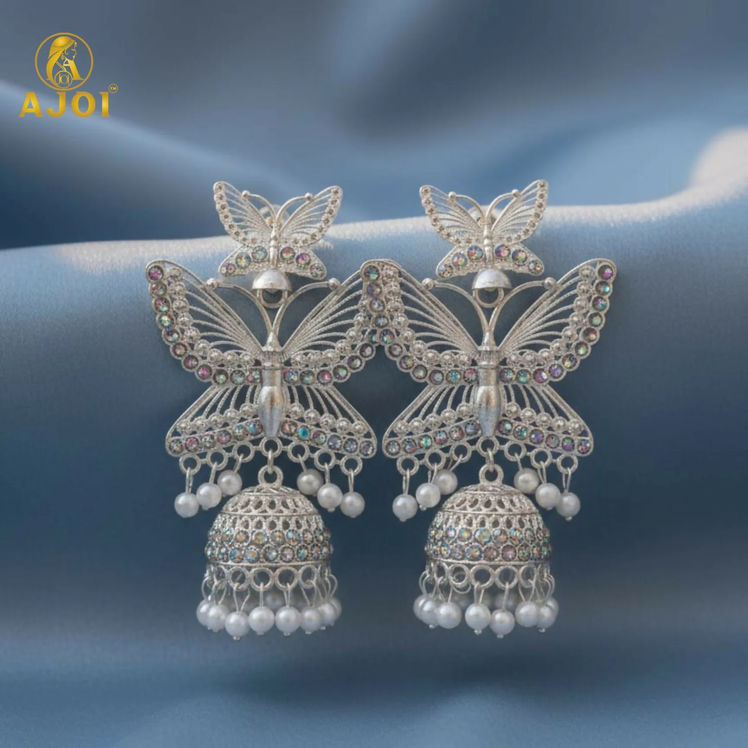 Silver Plated Butterfly Designer Jhumka Earrings with Pearl Drops for Women & Girls - Image 3