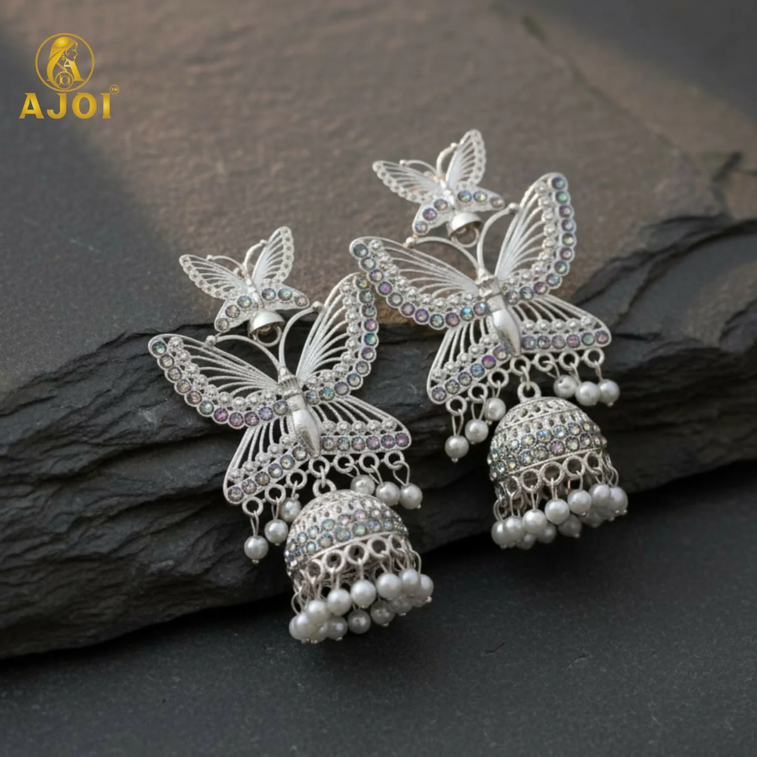Silver Plated Butterfly Designer Jhumka Earrings with Pearl Drops for Women & Girls - Image 4