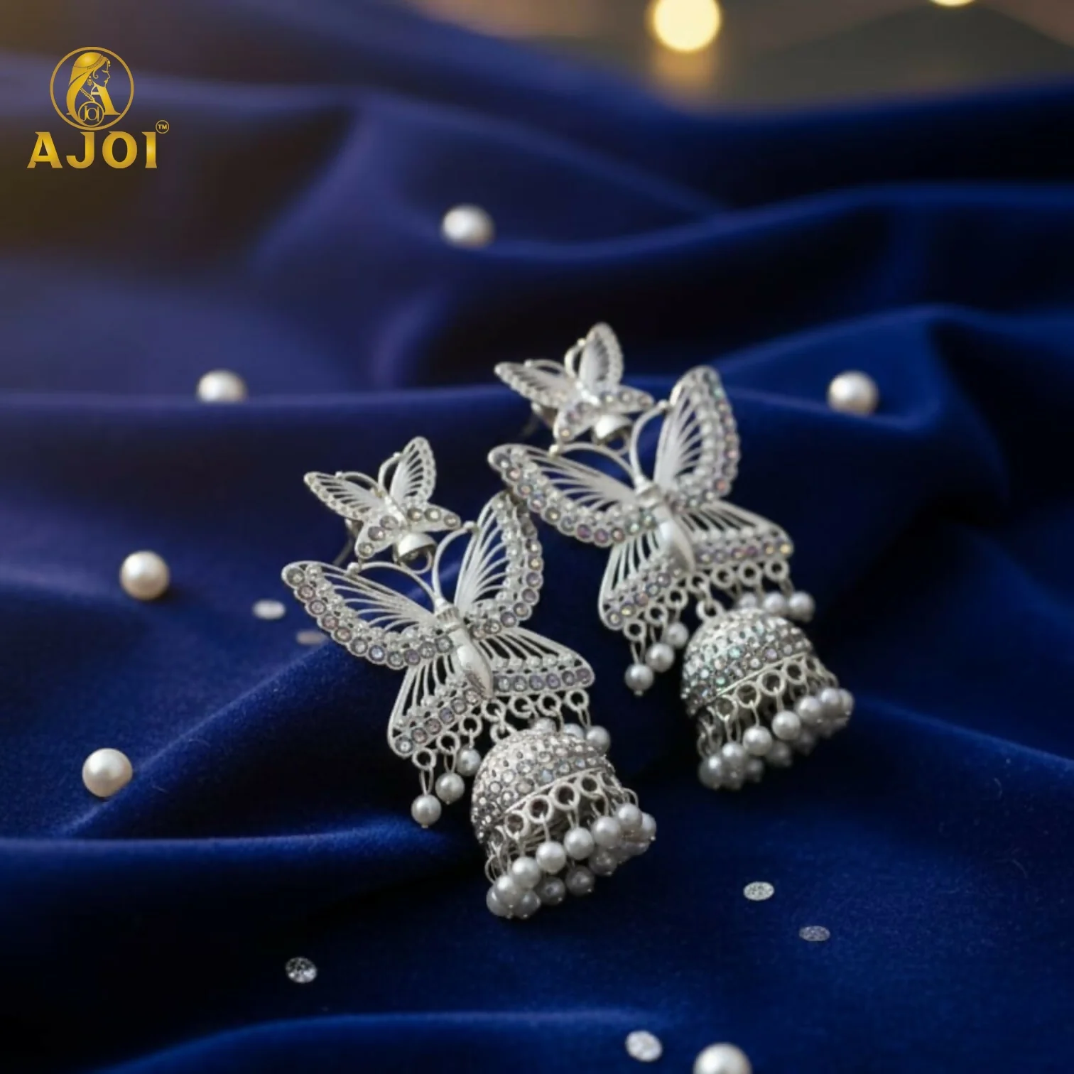Silver Plated Butterfly Designer Jhumka Earrings with Pearl Drops for Women & Girls - Image 5