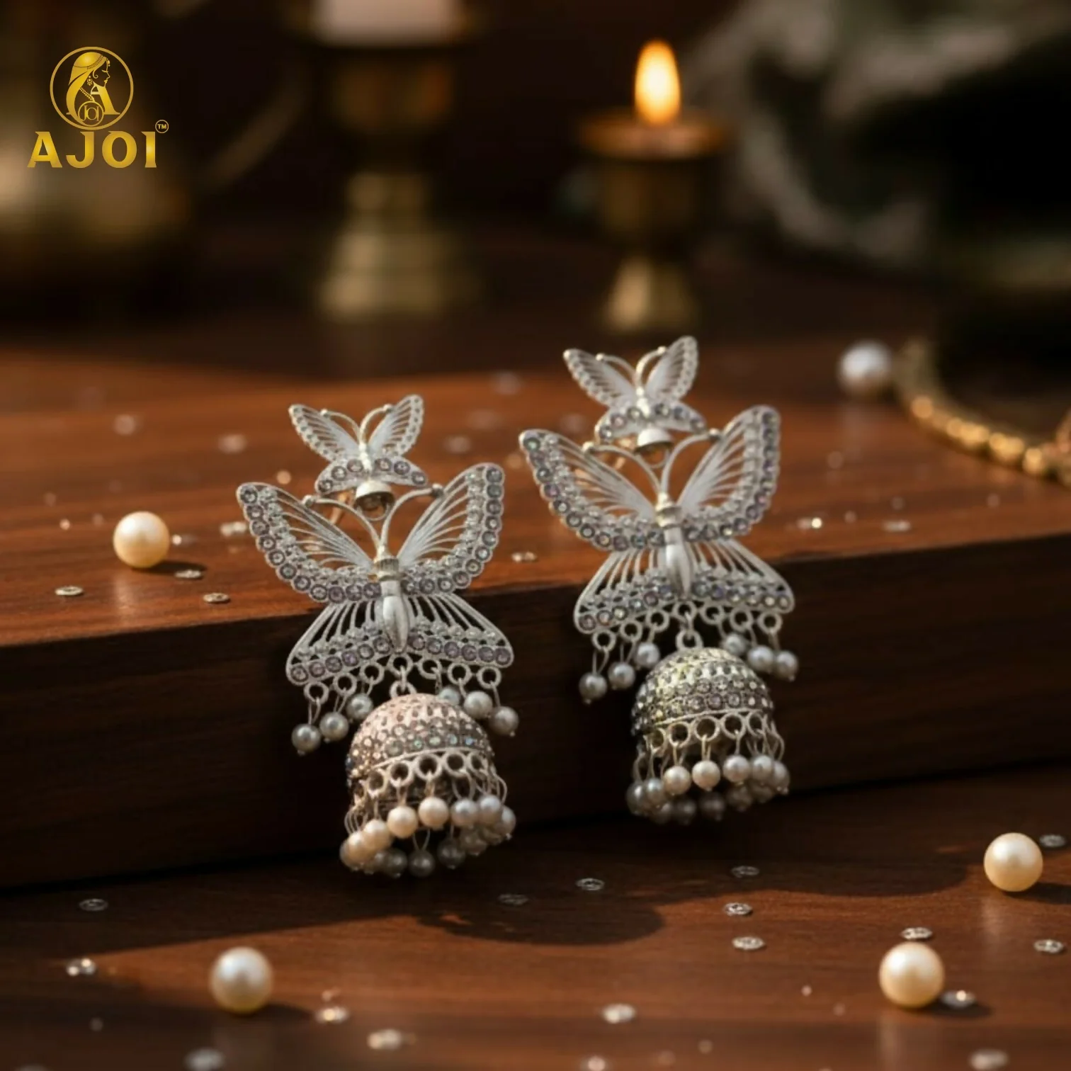 Silver Plated Butterfly Designer Jhumka Earrings with Pearl Drops for Women & Girls - Image 6