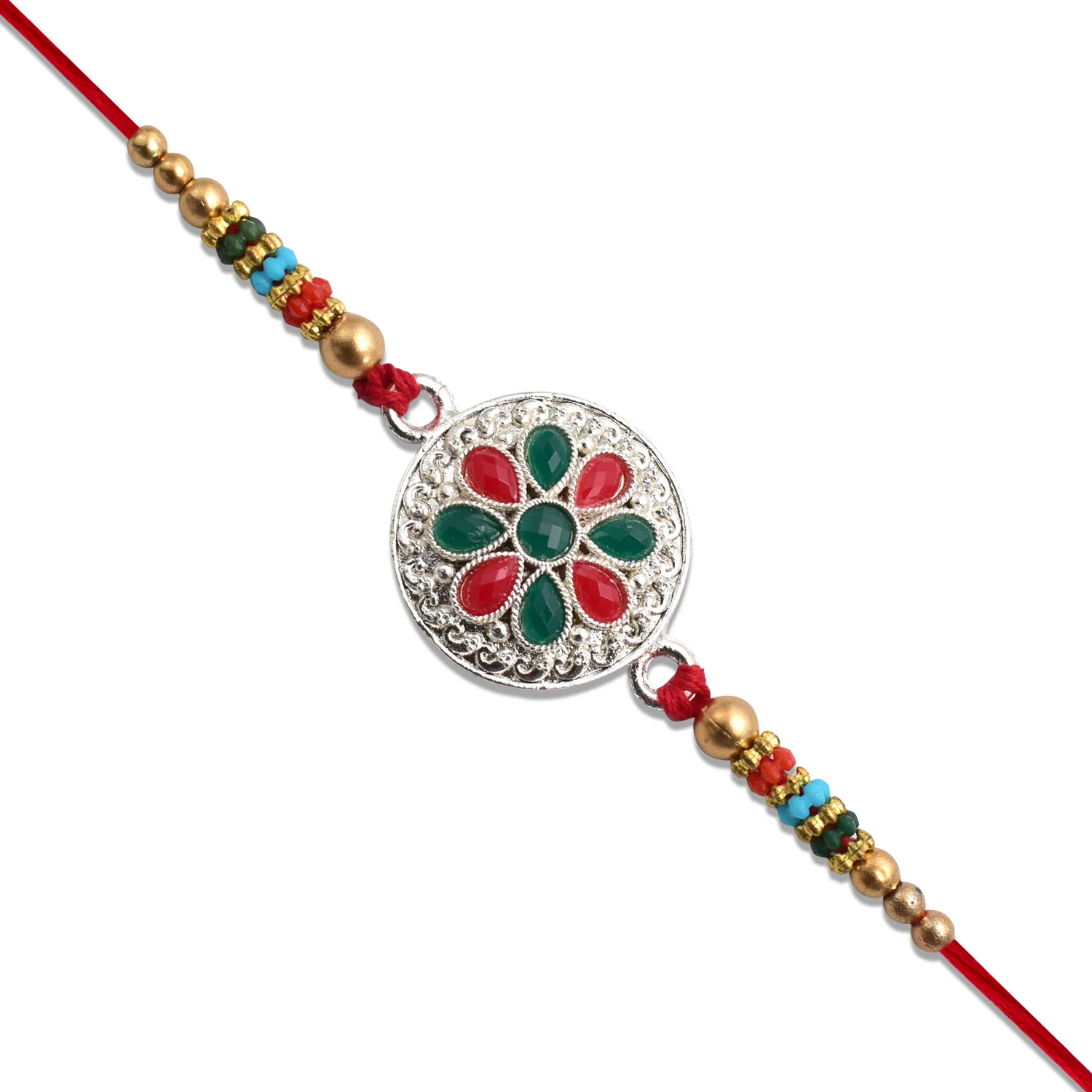 Silver Plated Floral Rakhi with Red & Green Stones - Image 3