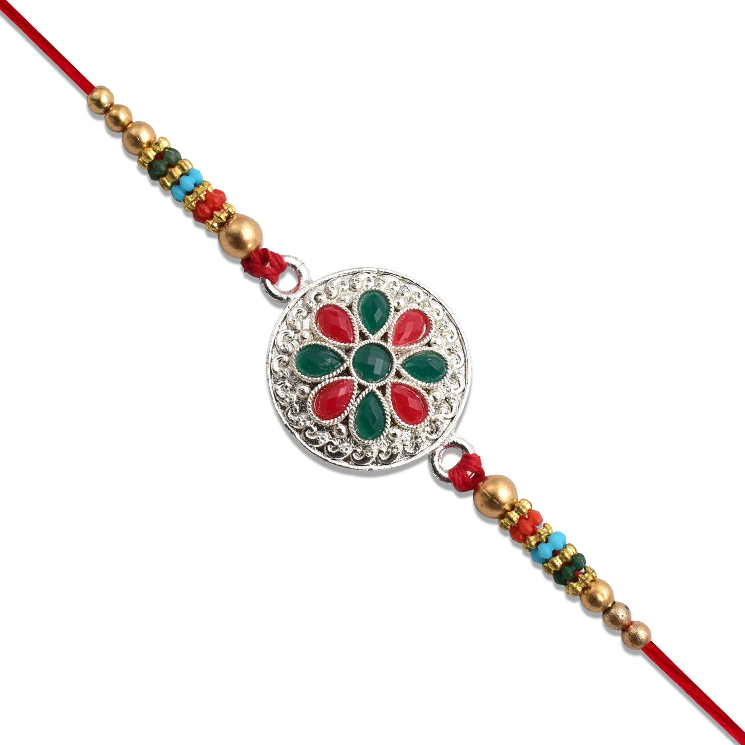 Silver Plated Floral Rakhi with Red & Green Stones - Image 5