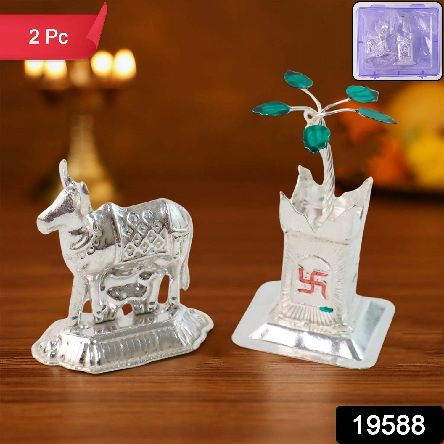 Silver-Plated Kamdhenu Cow & Tulsi Plant Pair – Pooja & Home Décor - Image 2