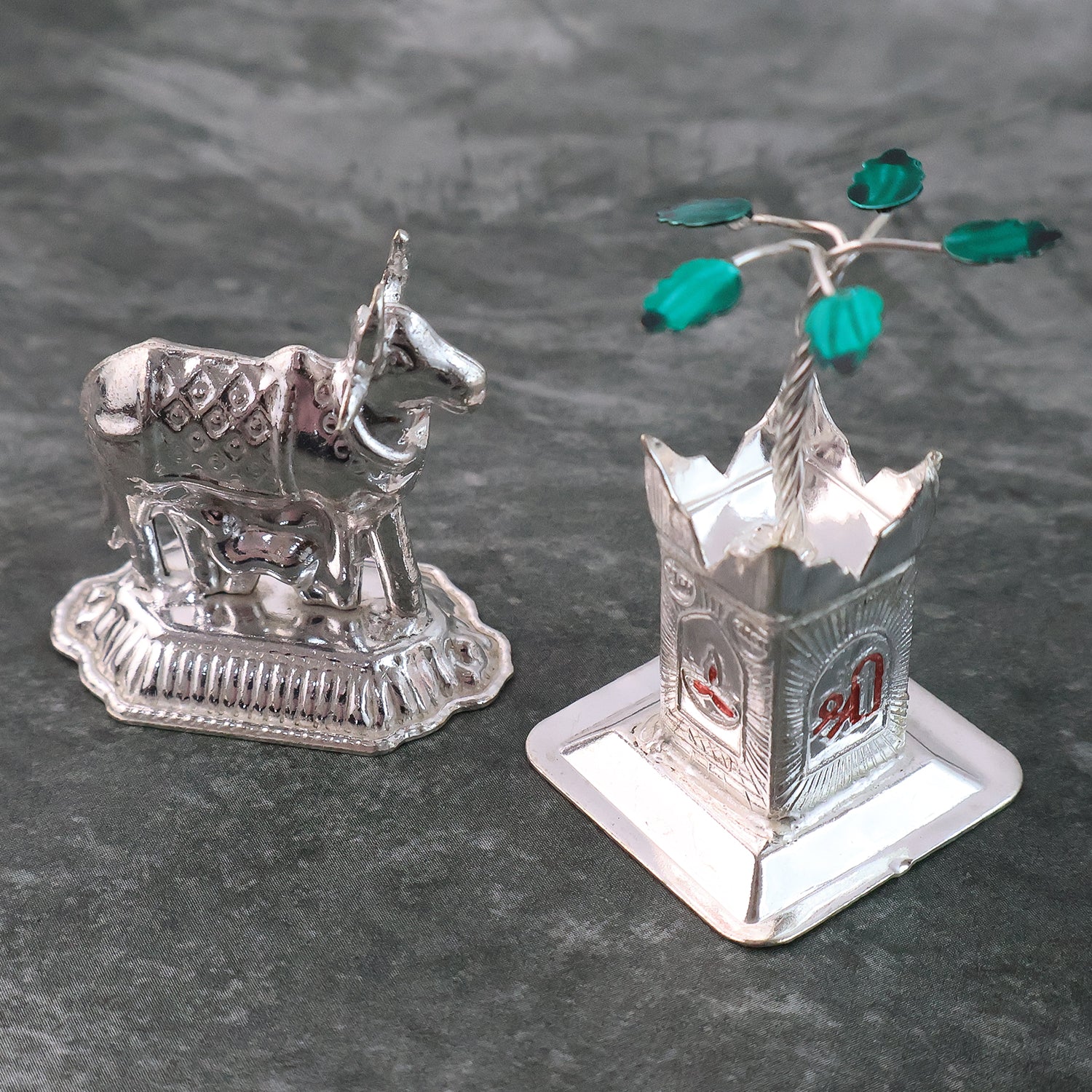 Silver-Plated Kamdhenu Cow & Tulsi Plant Pair – Pooja & Home Décor - Image 3