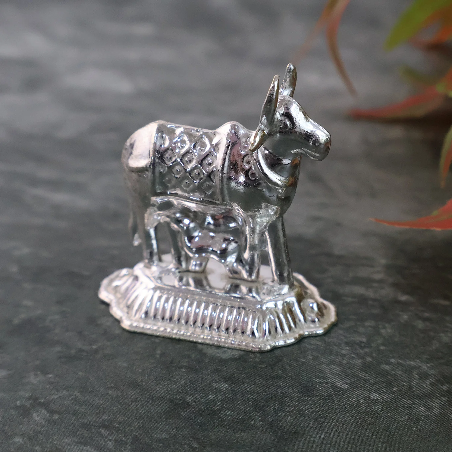Silver-Plated Kamdhenu Cow & Tulsi Plant Pair – Pooja & Home Décor - Image 4