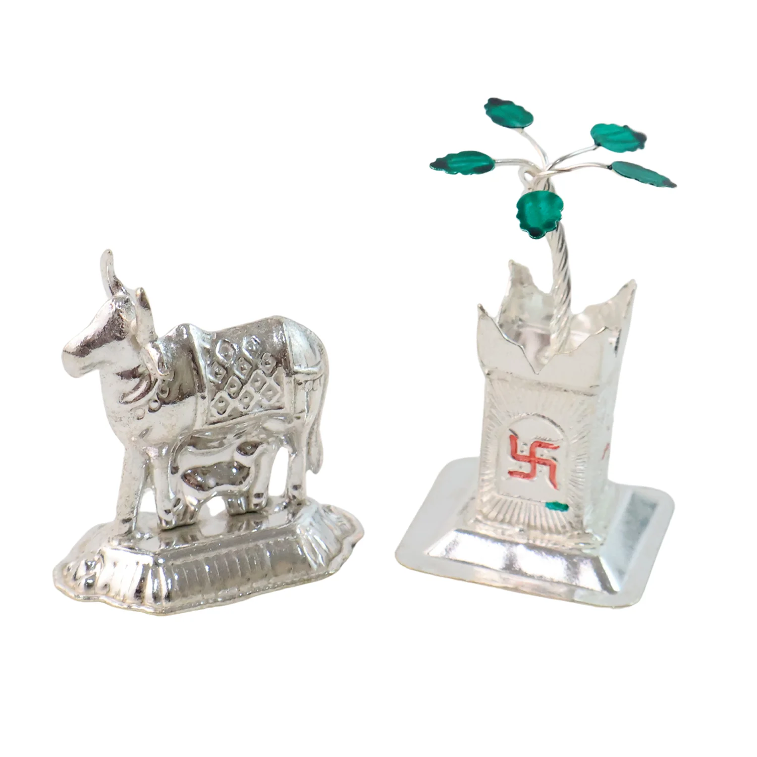 Silver-Plated Kamdhenu Cow & Tulsi Plant Pair – Pooja & Home Décor - Image 5
