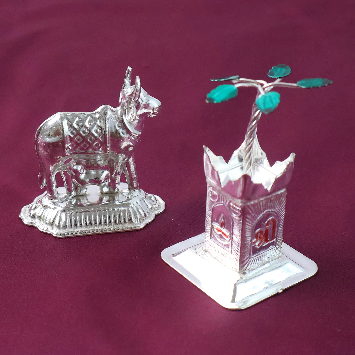 Silver-Plated Kamdhenu Cow & Tulsi Plant Pair – Pooja & Home Décor - Image 8