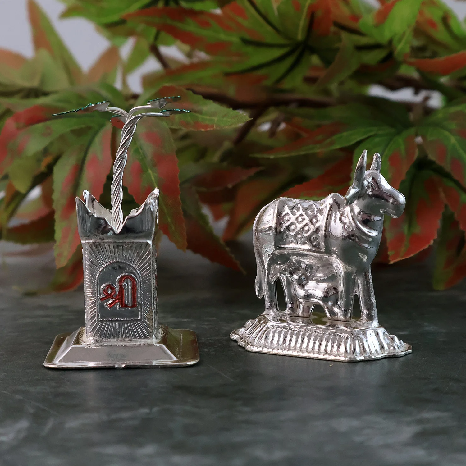 Silver-Plated Kamdhenu Cow & Tulsi Plant Pair – Pooja & Home Décor - Image 9