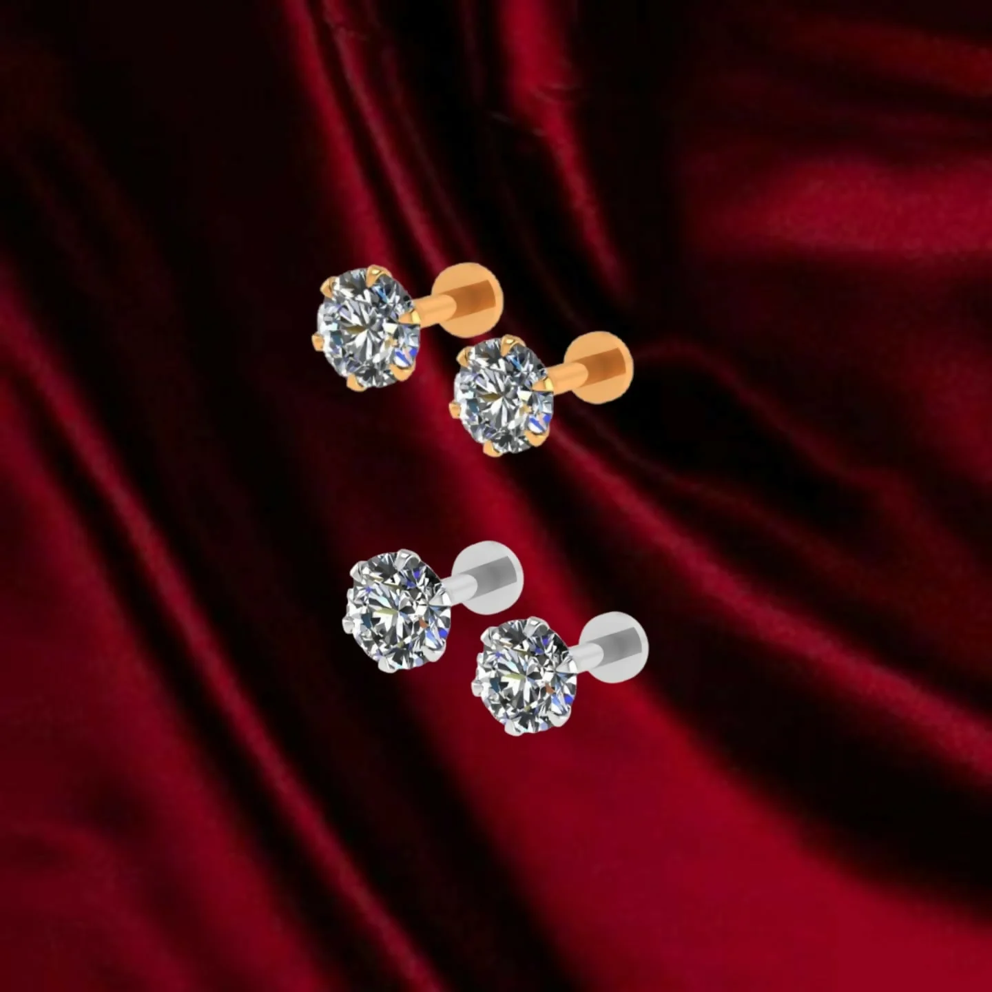 Silver Plated Round AD Solitaire Flat Back Stud Earrings Combo Pack of 2 - Image 2