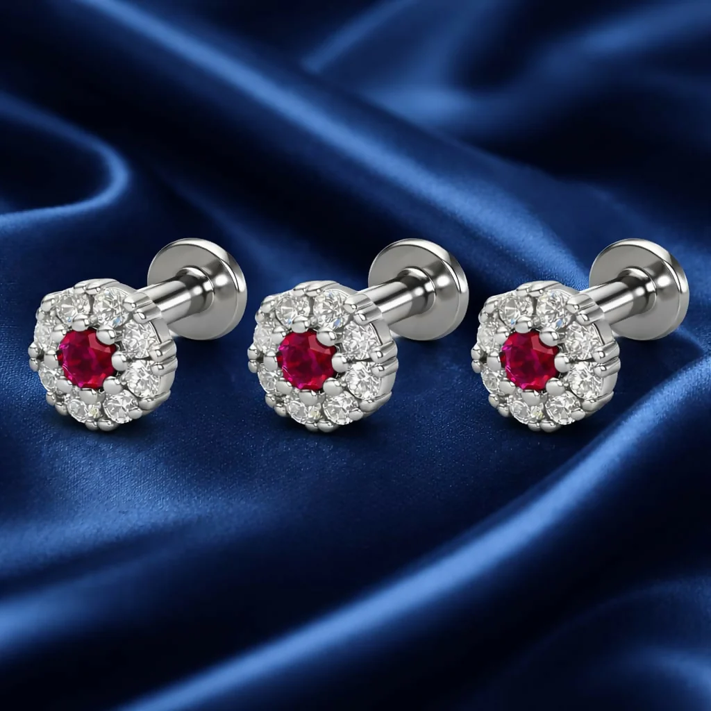 Silver Plated Ruby & Diamond Floral Halo Nose Stud girls Combo Pack of 3 - Image 2