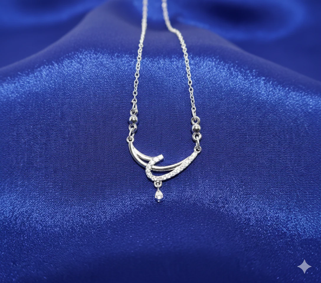Silver Tone AD Pave Crescent Curve Drop Pendant Necklace