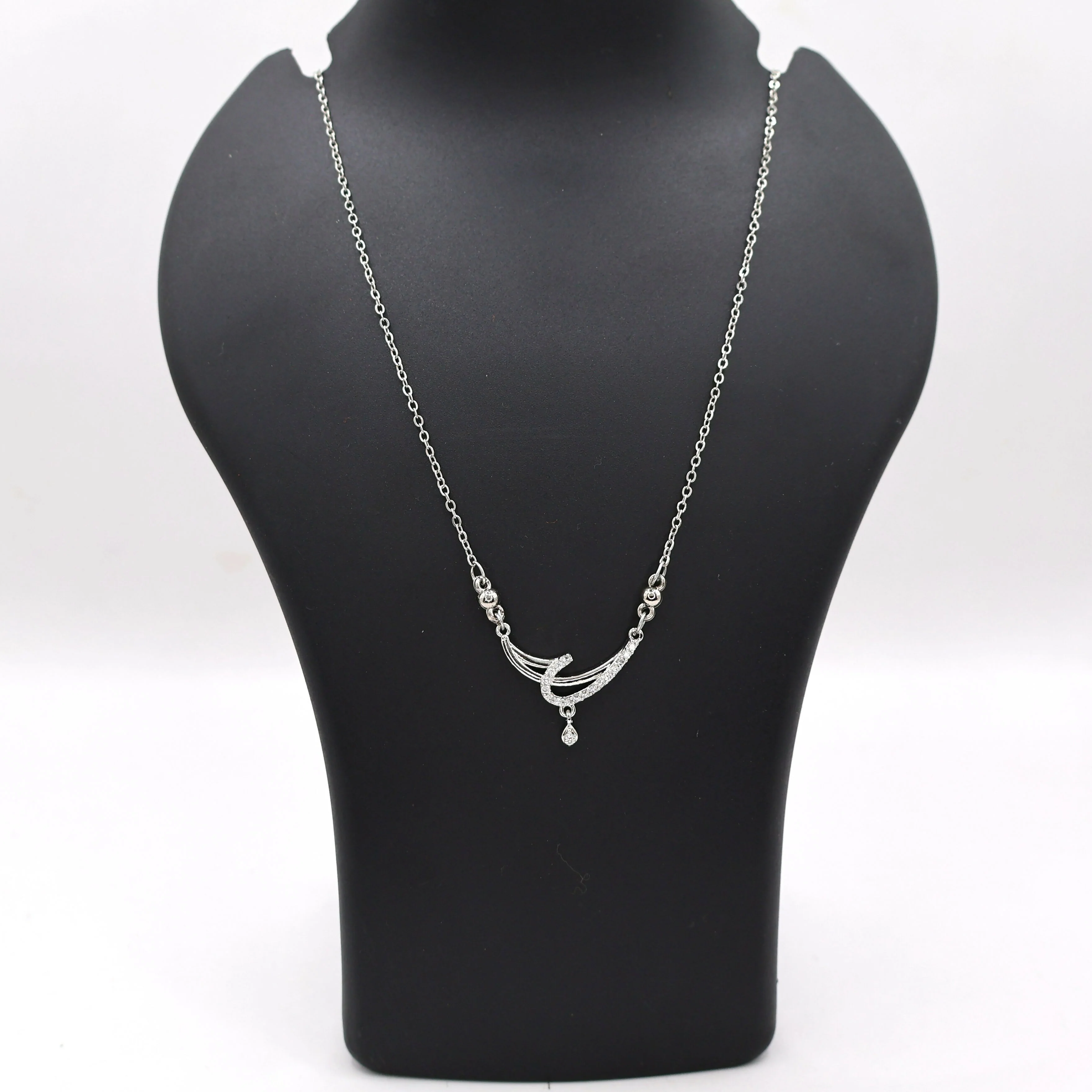 Silver Tone AD Pave Crescent Curve Drop Pendant Necklace - Image 4