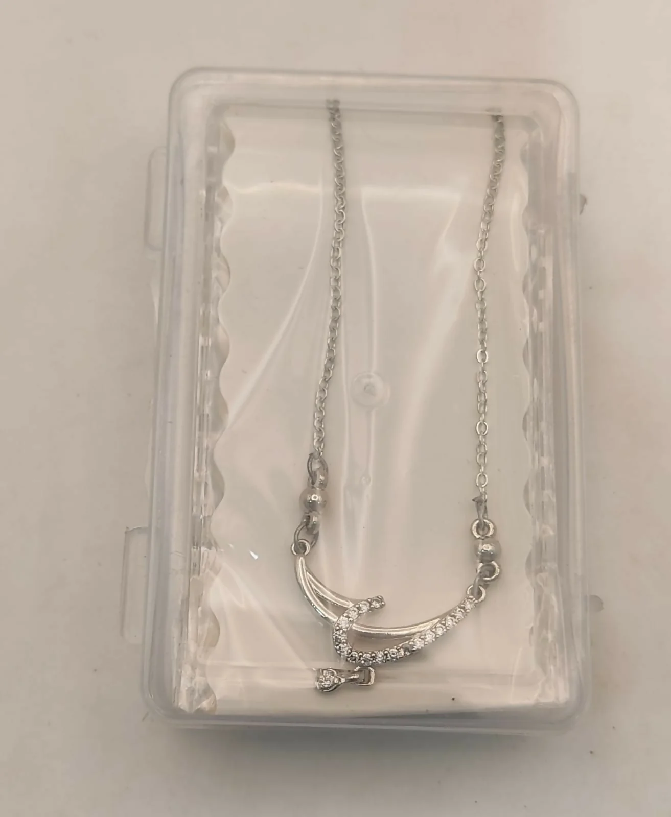 Silver Tone AD Pave Crescent Curve Drop Pendant Necklace - Image 5