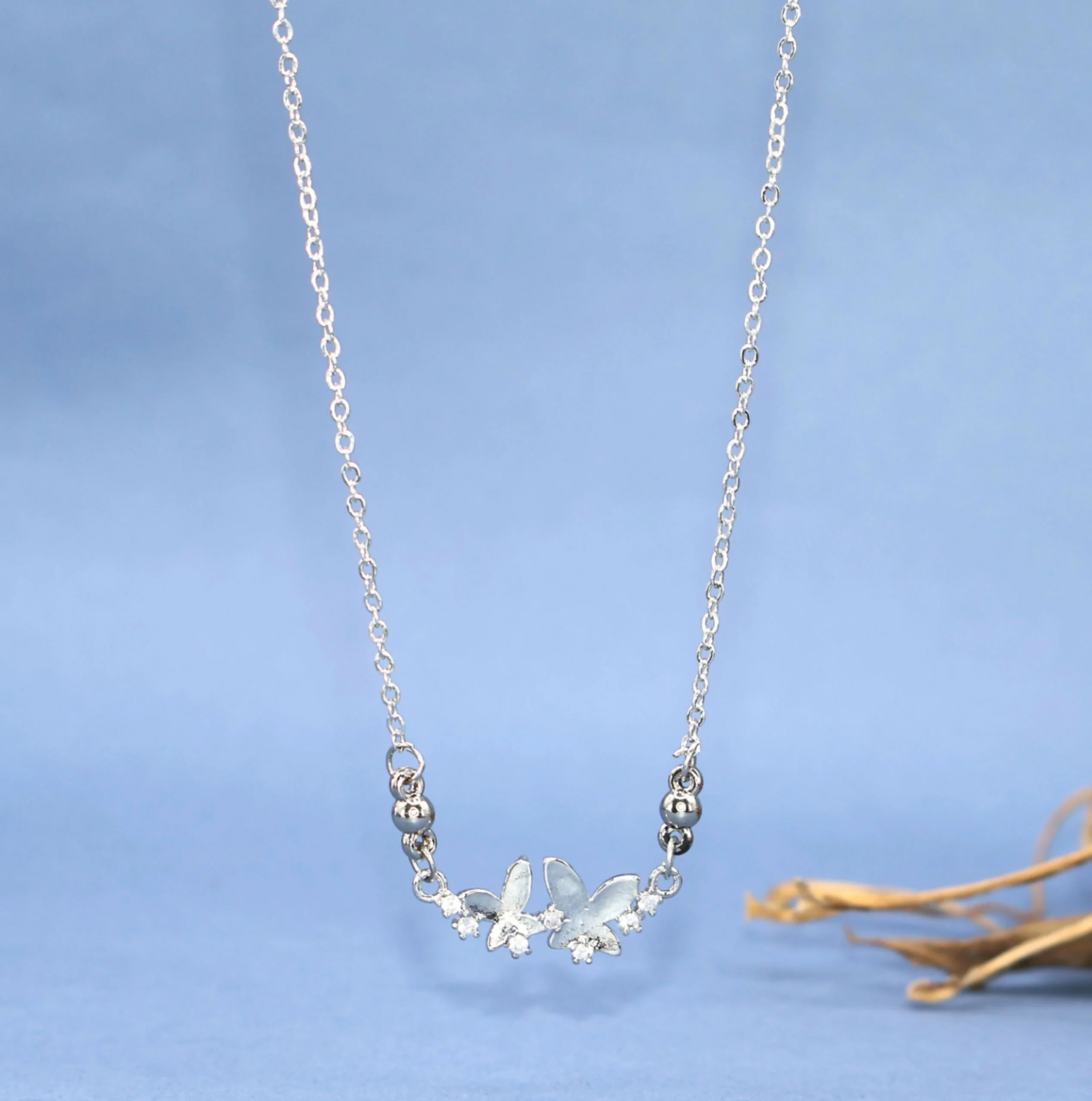 Silver Tone AD Pave Double Butterfly Bar Pendant Necklace - Image 2