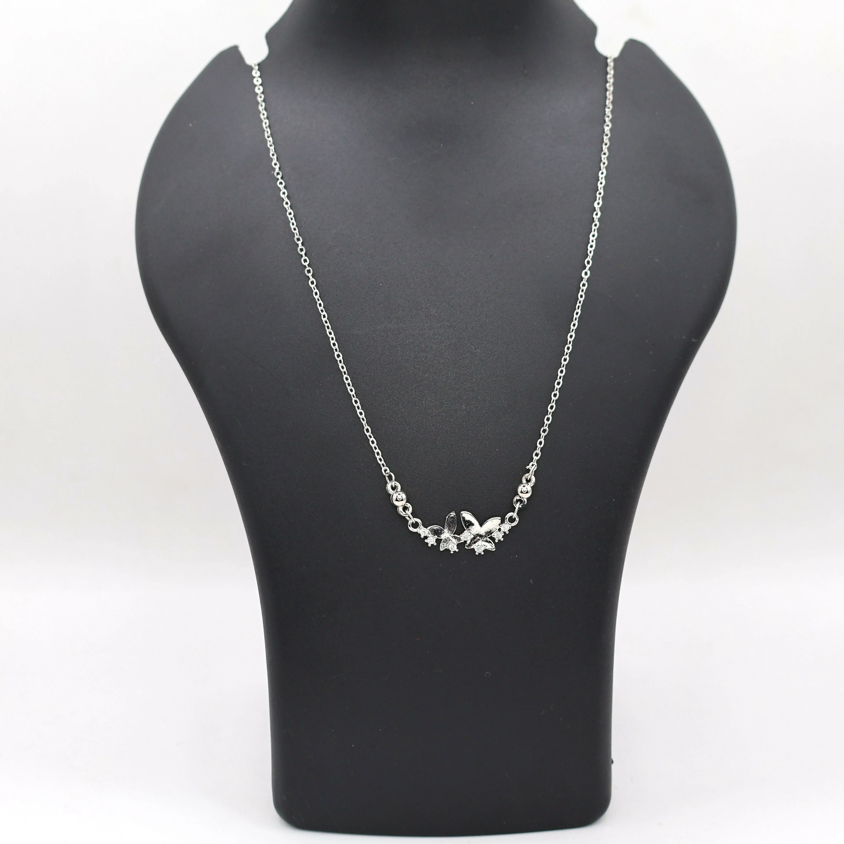 Silver Tone AD Pave Double Butterfly Bar Pendant Necklace - Image 4