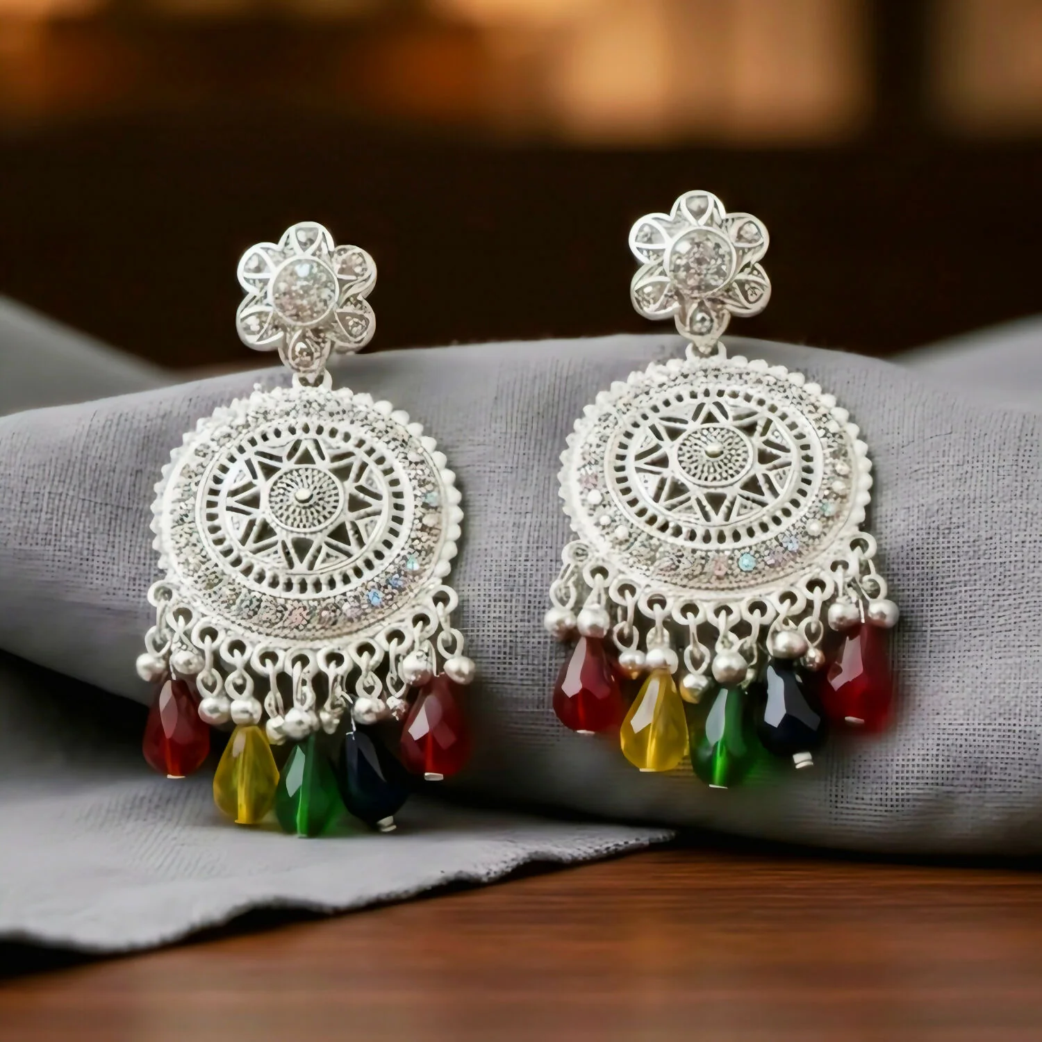 Silver-Tone Oxidized Bohemian Mandala Drop Earrings with Multi-Color Crystal Beads - Image 3