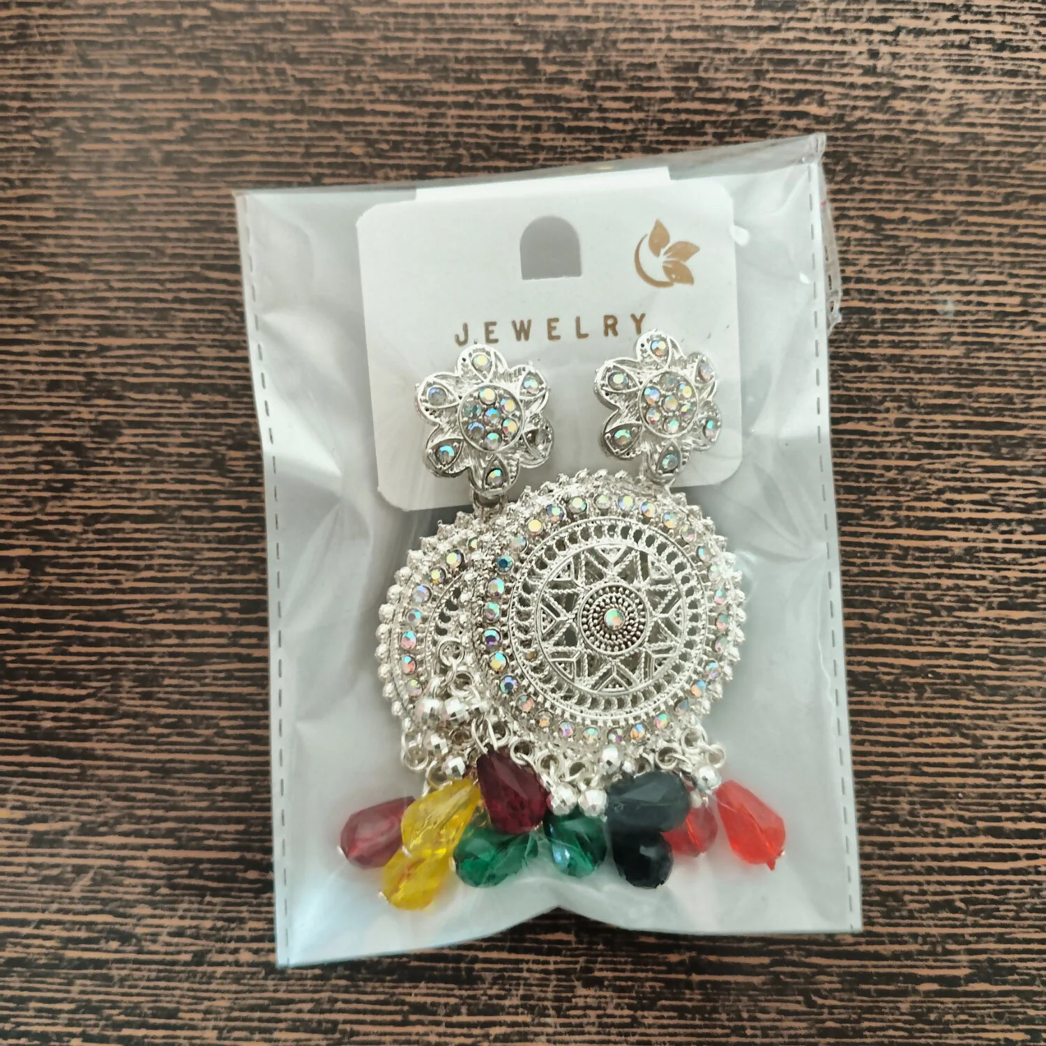 Silver-Tone Oxidized Bohemian Mandala Drop Earrings with Multi-Color Crystal Beads - Image 4
